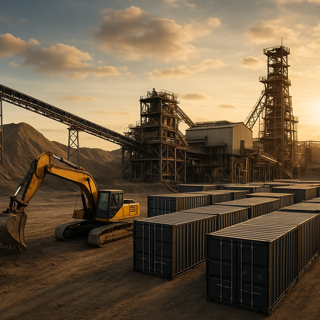 Industrial mining container facility with operational systems
